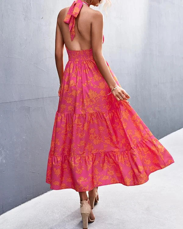 Robe Femme Imprimée Longue Élégante Décolleté Dos-Nu - Rose-2