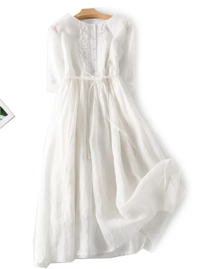 Variant image for Robe Longue Femme Élégante à Volants en Coton et Lin - Alba-11