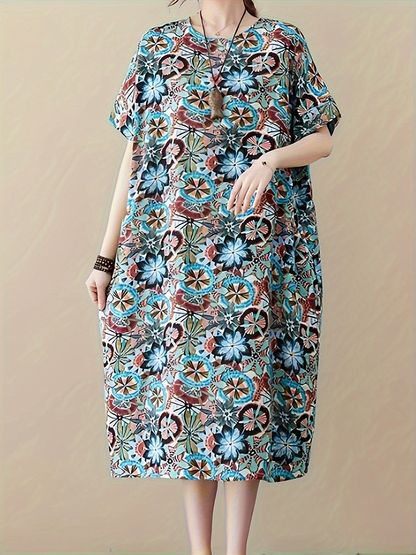 Robe Femme Longue en Lin Floral Boho-Chic Manches Courtes - Élégance Décontractée-1
