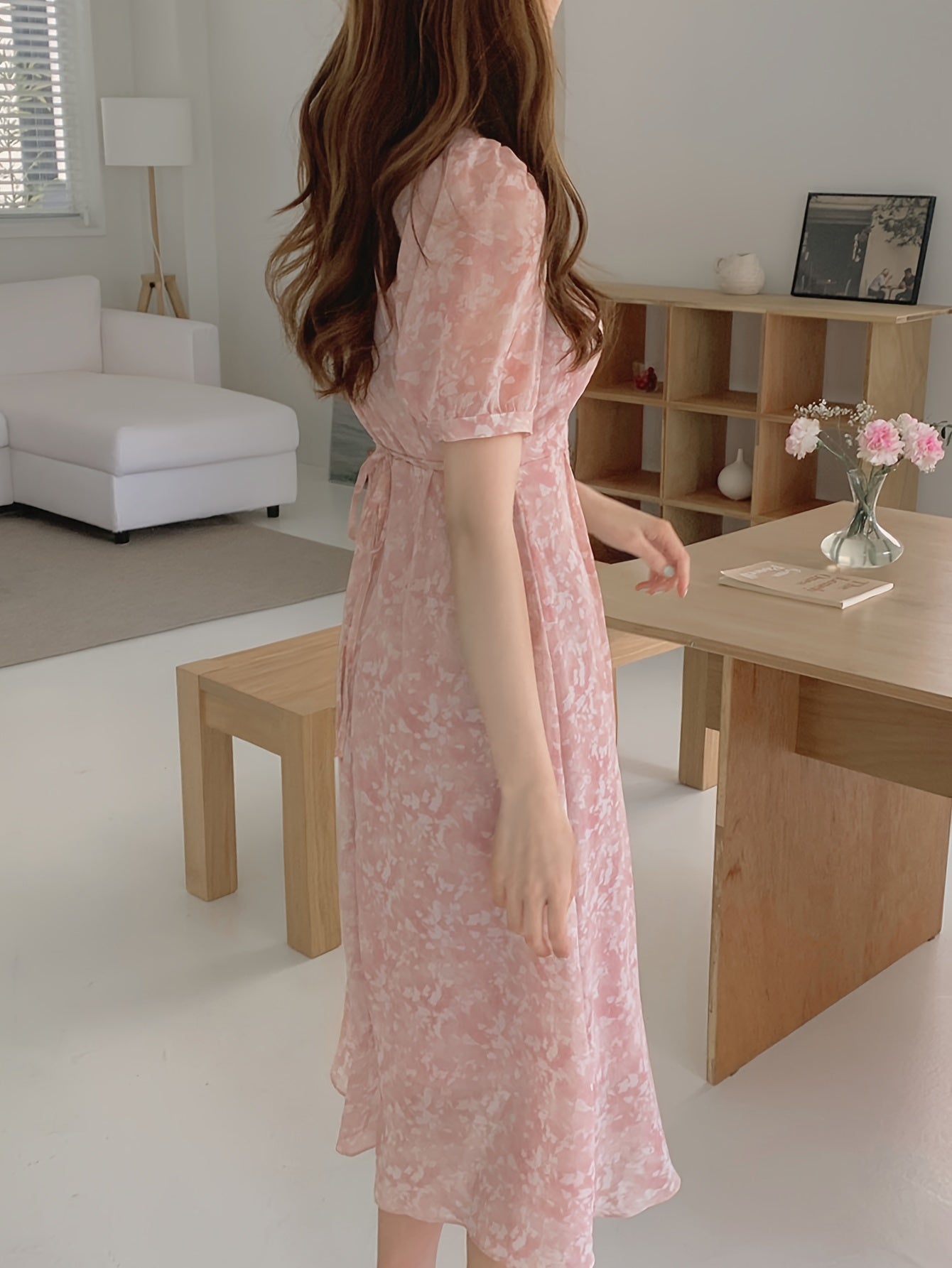 Robe Midi Femme Élégante en Mousseline de Soie à Motif Floral - Clara-4