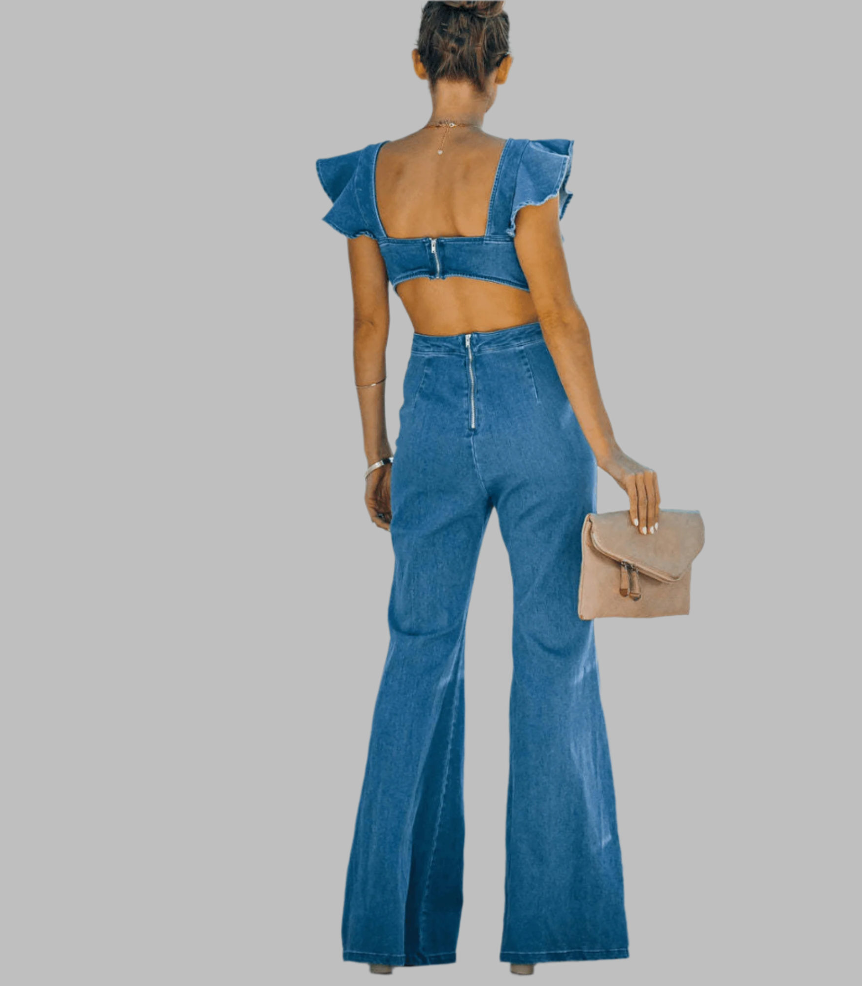 Combinaison Femme Chic en Denim Manches Évasées - Élégance Moderne-4