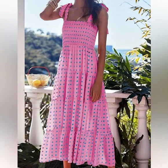 Robe Longue Femme Imprimé Géométrique Rose à Ourlet Volant - Élégante-2