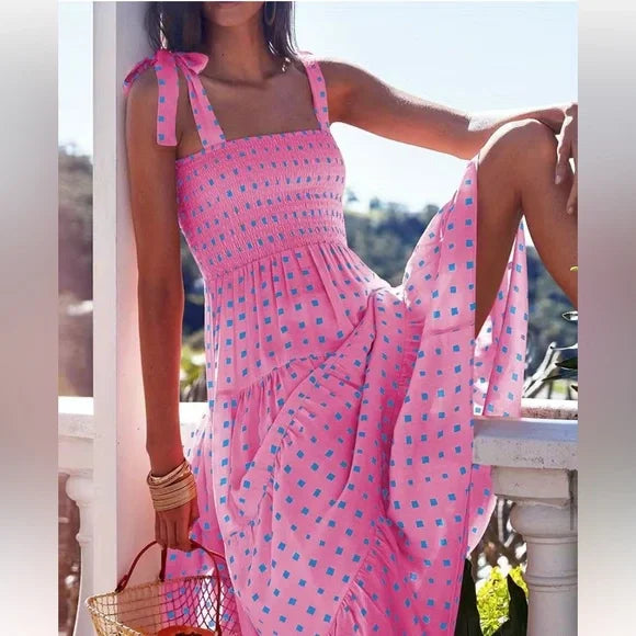 Variant image for Robe Longue Femme Imprimé Géométrique Rose à Ourlet Volant - Élégante-1