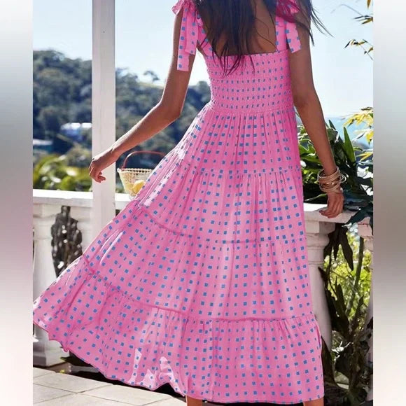 Robe Longue Femme Imprimé Géométrique Rose à Ourlet Volant - Élégante-3