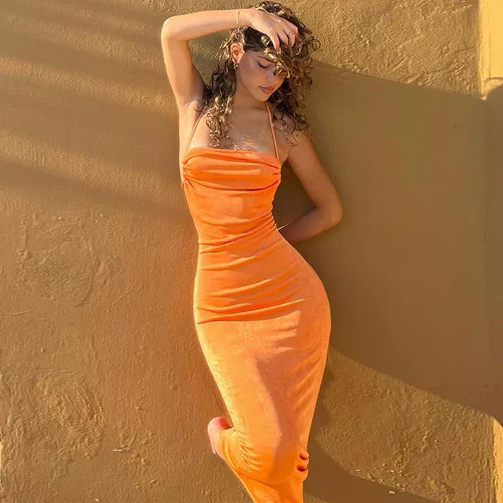 Variant image for Robe Longue Femme Élégante Décolleté Bénitier Orange Éclatante - Elena-1