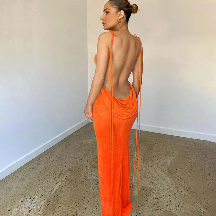 Robe Longue Femme Élégante Décolleté Bénitier Orange Éclatante - Elena-4