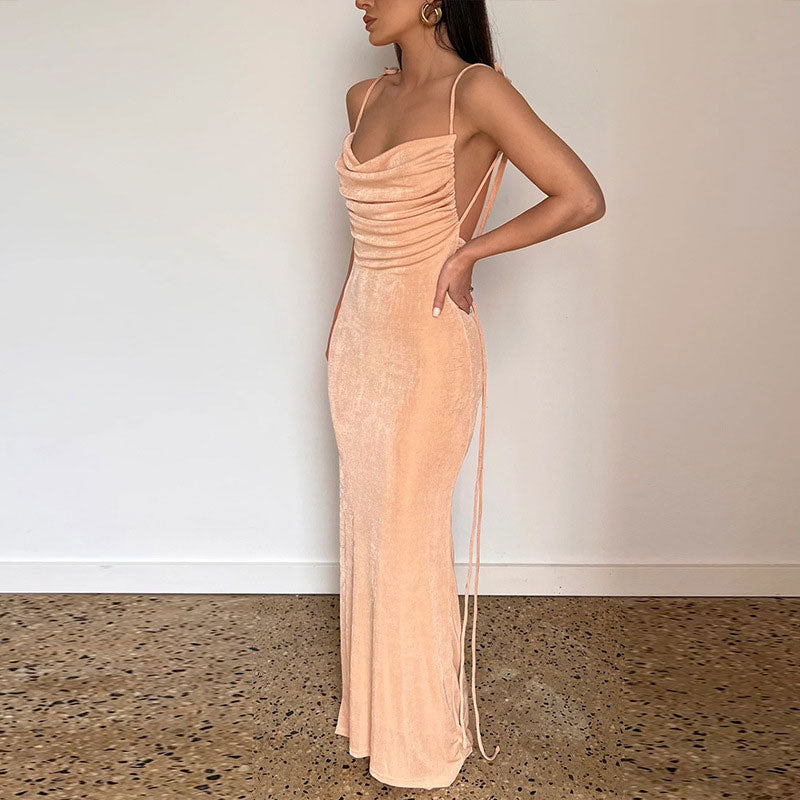 Variant image for Robe Longue Femme Élégante à Encolure Bénitier et Bretelles à Nouer - Elena-1