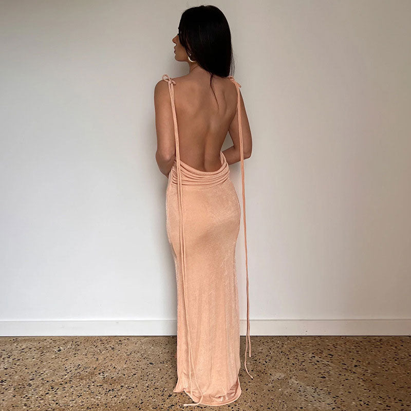 Robe Longue Femme Élégante à Encolure Bénitier et Bretelles à Nouer - Elena-3