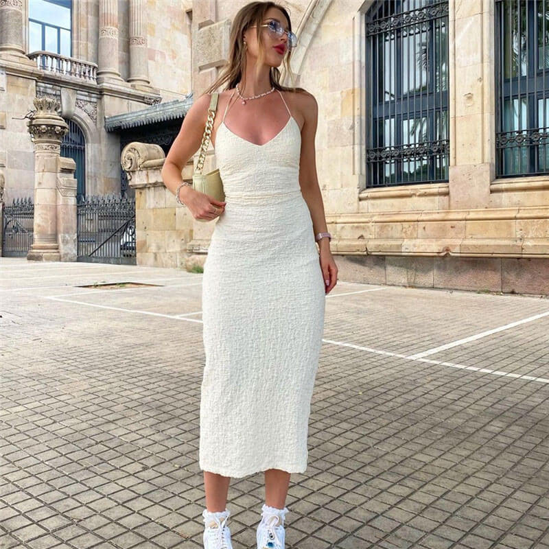 Variant image for Robe Midi Femme Chic Texturée Dos Nu Blanche - Liana-1