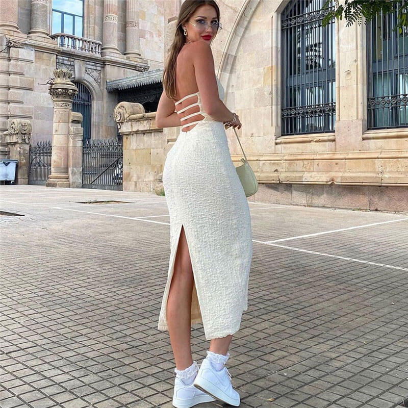 Robe Midi Femme Chic Texturée Dos Nu Blanche - Liana-2