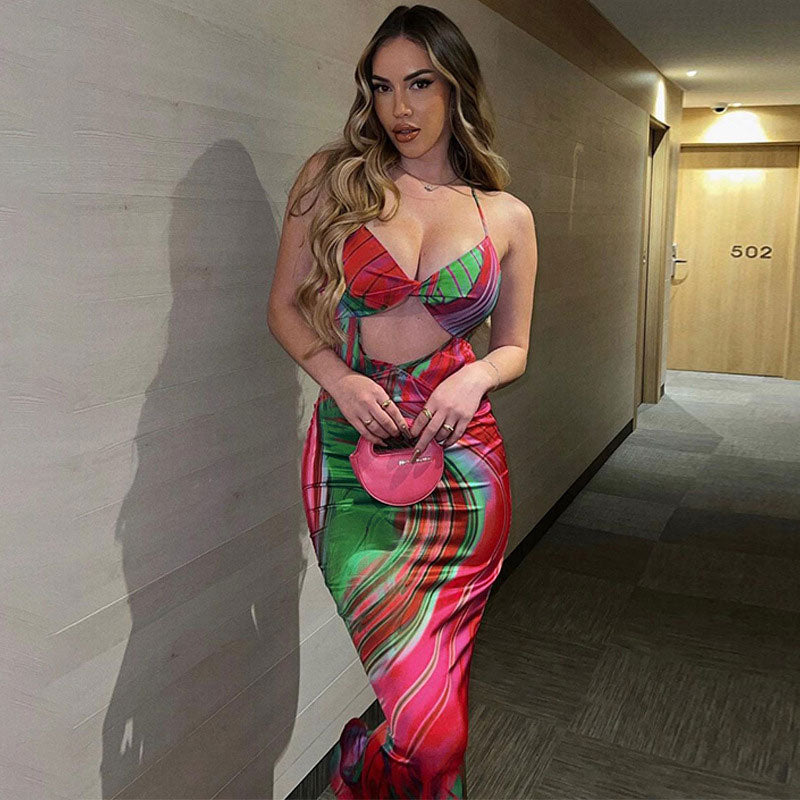 Robe Longue Femme Imprimé Abstrait avec Découpes Élégantes - Mira-2